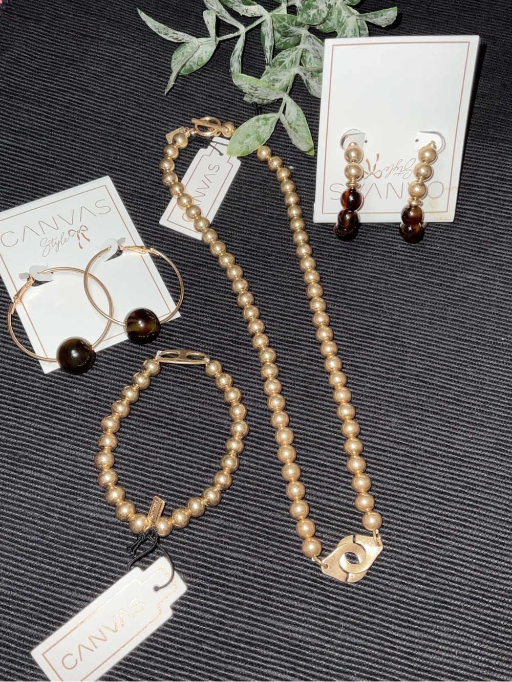 Four piece Canvas Gold Beaded Necklace, Bracelet & Earrings Set. NWT